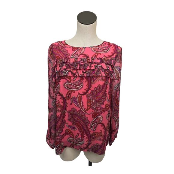 J. Crew Ruffle-Front Silk Chiffon Top‎ Vibrant Paisley Pink Womens Size 6 - Picture 7 of 11